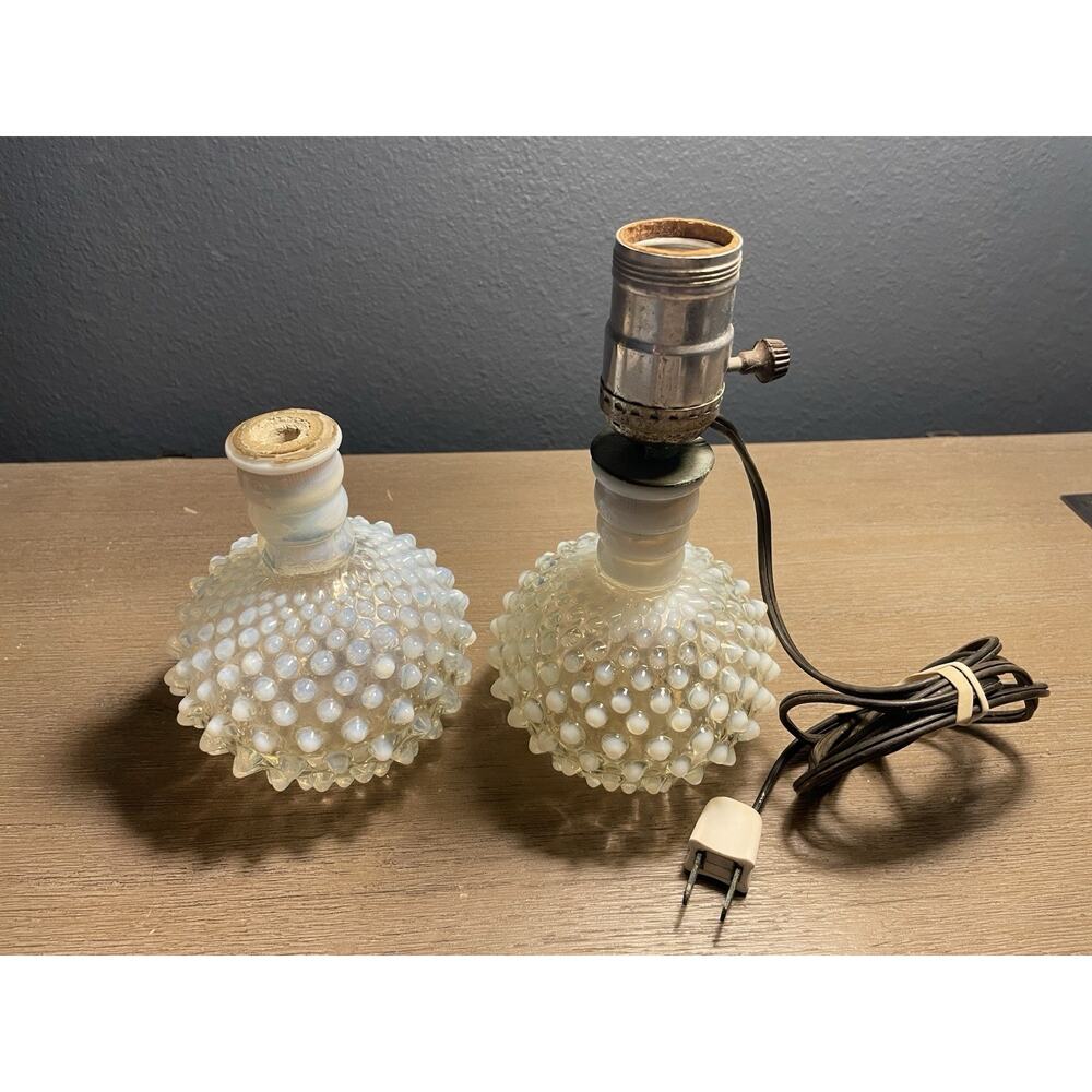 Vintage Fenton Moonstone Hobnail Opalescent Perfume Bottle Lamps Pair